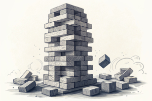 A precarious tower of abstract gaming blocks, representing future prospects, visibly crumbles under the immense, featureless weight of a heavy slab, while small, determined hands attempt to reinforce its tilting foundation.