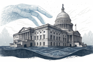 A grand, unfinished architectural model rests on a visibly unstable, waterlogged foundation, with a large, translucent hand hovering above, preventing its final placement.