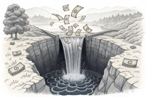 A symbolic, fractured digital barrier fails to contain an endless cascade of glowing currency flowing into a dark, unseen abyss.