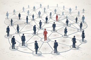 A vast, intricate digital network, appearing orderly and inviting, subtly draws in numerous abstract figures, with smaller, more vulnerable ones increasingly caught in its deepening, unseen currents.