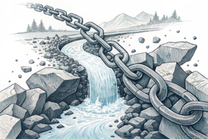 A powerful, abstract force sweeps aside a chaotic cluster of interlocking chains and fragmented barriers, revealing a clear, open channel through which a stream of polished, geometric forms flows unimpeded.