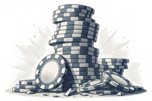 A grand, stylized structure built from stacked gaming chips is visibly crumbling from its base, with a widening gap appearing where foundational pieces once were, causing the entire edifice to lean precariously.