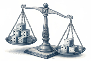 A stylized, official-looking scale, with one side heavily weighted by a solid, imposing block, and the other side supported by a precarious stack of abstract game pieces that are being subtly reshaped by unseen forces.