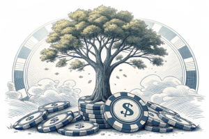 A towering tree with vibrant leaves stands strong amidst a sea of digital casino chips, symbolizing the clash between nature and development.