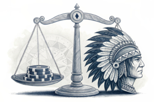 A scale balancing sports event contracts between different states, while a tribal headdress and a casino chip symbolize the conflicting regulatory frameworks.