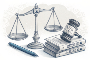 A scale balancing a stack of signed cards representing union recognition against a formal election ballot, with a gavel hovering above.