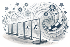 A series of transparent, geometric barriers are strategically placed within a swirling vortex of abstract betting symbols, guiding its flow and preventing certain elements from combining.