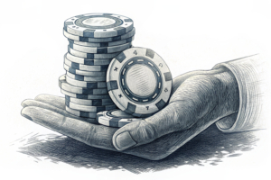 A crumbling stack of oversized casino chips under a heavy, oppressive hand symbolizing increasing costs and tax pressures.