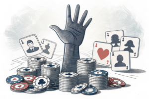 A towering digital hand casts a shadow over a group of fading online influencers surrounded by disappearing virtual gambling chips.