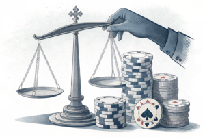 A large scale balances between a stack of casino chips and a set of safety measures, with a shadowy hand overseeing the equilibrium.