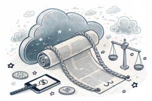 A rigid, ancient-looking legal scroll attempts to lasso a shimmering, amorphous cloud of digital wagers.
