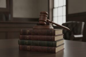 A heavy, polished wooden gavel rests prominently on a stack of aged, leather-bound law books. The books are substantial, their spines showing the wear of time, suggesting the weight and history of legal precedent. The gavel's head is positioned to imply a recent or impending strike, conveying a sense of decisive action or judgment. The composition is solemn and authoritative, set against a muted, perhaps dimly lit background that emphasizes the gravity of legal proceedings. The overall mood is one of serious deliberation and the impartial application of rules.